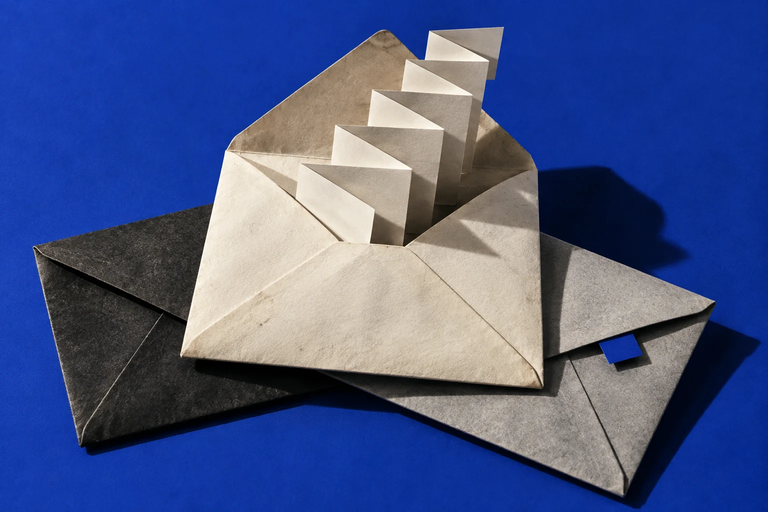 A folded paper structure emerges from an open envelope against cobalt blue.